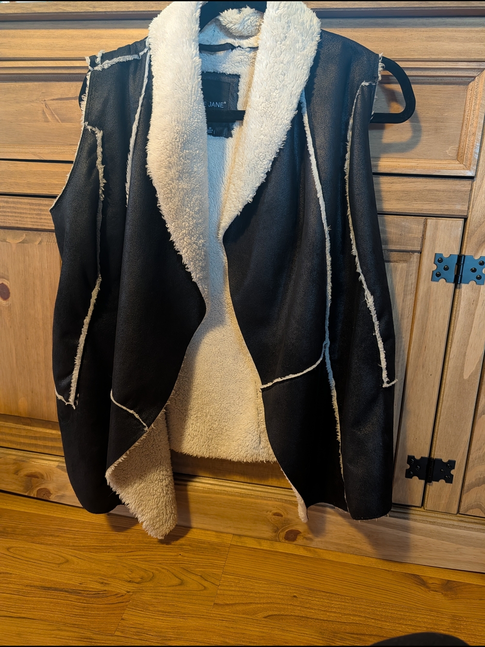 Me Jane Black Faux-Suede Vest with Cream Sherpa Trim